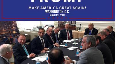 George Papadopoulos, third left, is seen in a photograph released on Donald Trump's Instagram account on April 1, 2016, with a headline saying it was taken during a campaign national security meeting in Washington, DC, March 31, 2016 [Instagram/@realDonaldTrump/AFP] 