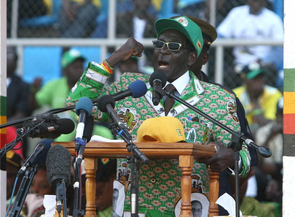 HARARE, ZIMBABWE JULY 28 (SOUTH AFRICA OUT): President Robert Mugabe delivers a speech during a ZANU PF rally on July 28, 2013 in Harare, Zimbabwe. The Zimbabwean President held his final campaign ral