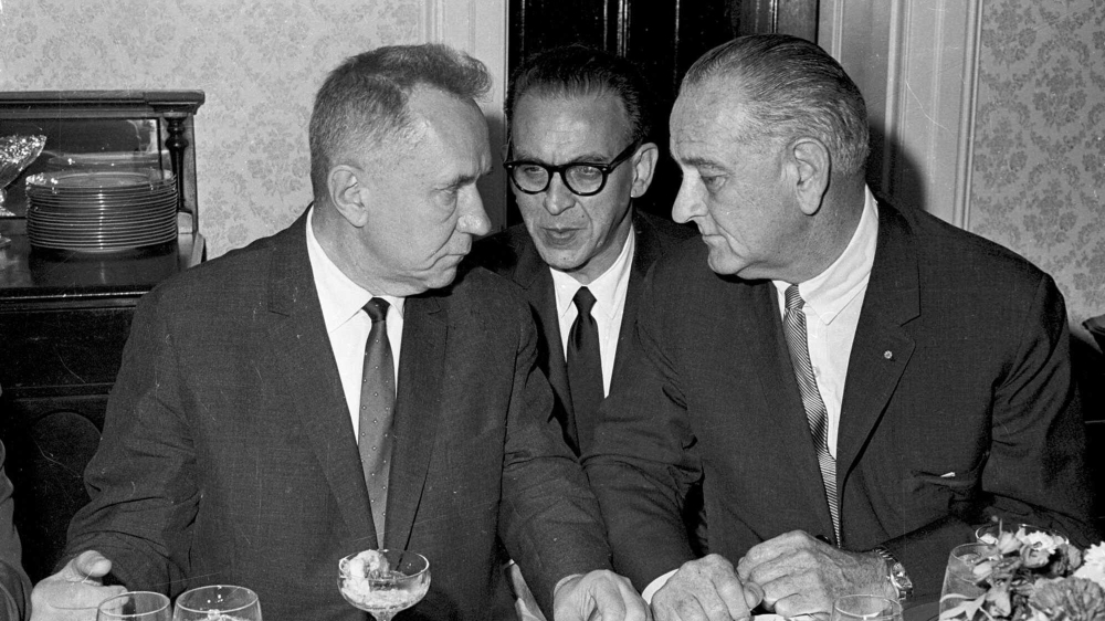 Soviet Premier Alexei N Kosygin meets with President Lyndon Johnson for a luncheon meeting in Glassboro, NJ to discuss the Arab-Israeli war on June 23, 1967 [File: AP]