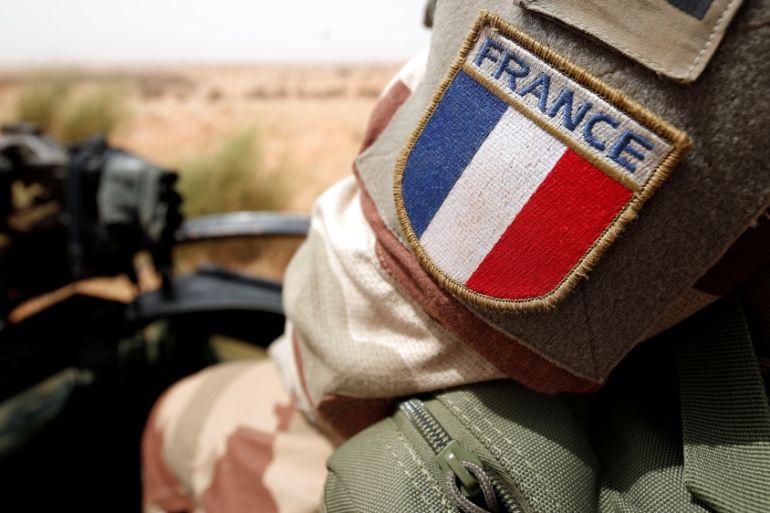 A close-up of a France''s flag patch worn by French troops in Africa''s Sahel region as part of the anti-insurgent Operation Barkhane in Inaloglog