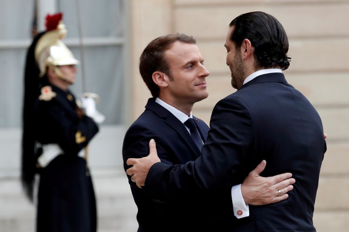 French President Emmanuel Macron and Saad al-Hariri, who announced his resignation as Lebanon''s prime minister while on a visit to Saudi Arabia, embrace in the courtyard of the Elysee Palace in Paris,