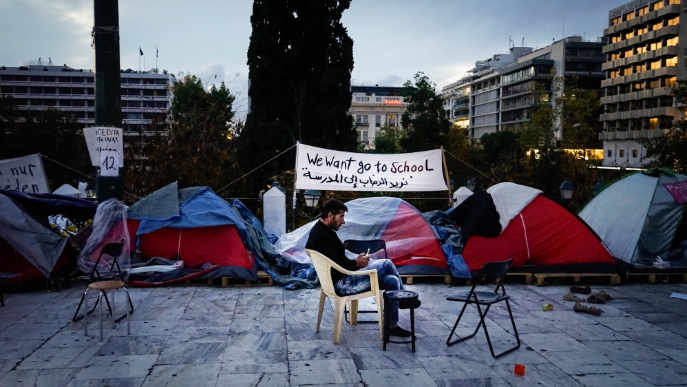 Seven Syrian men and seven Syrian women are on hunger strike in central Athens [Patrick Strickland/Al Jazeera] 