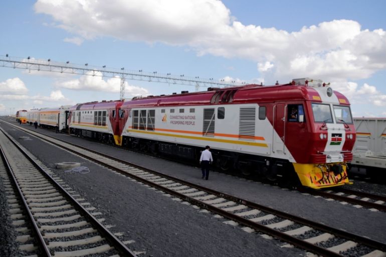 A train launched to operate on the Standard Gauge Railway (SGR) line constructed by the China Road and Bridge Corporation (CRBC) and financed by Chinese government arrives at the Nairobi Terminus on t
