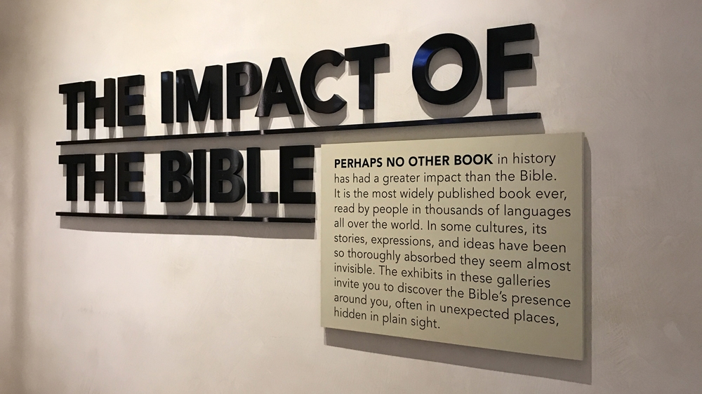 The second floor of the Museum of the Bible addresses the impact that the Christian holy book has had on America and the world [Dalia Hatuqa/Al Jazeera] 
