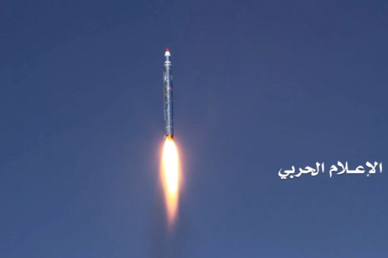 Handout photo shows a ballistic missile after it was fired toward the Saudi capital of Riyadh