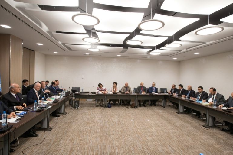 General view of a meeting of Intra-Syria peace talks of Syrian opposition delegation and UN Special Envoy for Syria Staffan de Mistura, at the European headquarters of the United Nations in Geneva