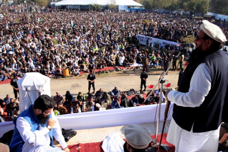 Hafiz Muhammad Saeed, chief of the Islamic charity organisation Jamaat-ud-Dawa, speaks to supporters during anti-US gathering in Rawalpindi