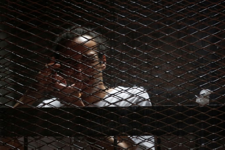 Zeid gestures behind bars in his trial at on the outskirts of Cairo