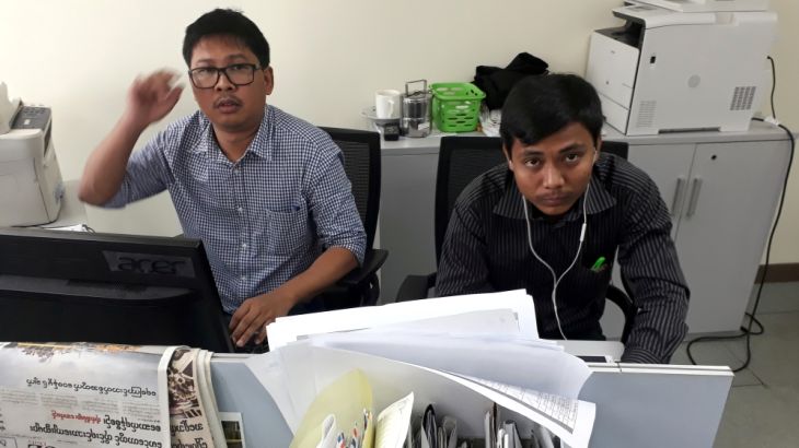 Reuters journalists Wa Lone and Kyaw Soe Oo pose for a picture at the Reuters office in Yangon, Myanmar