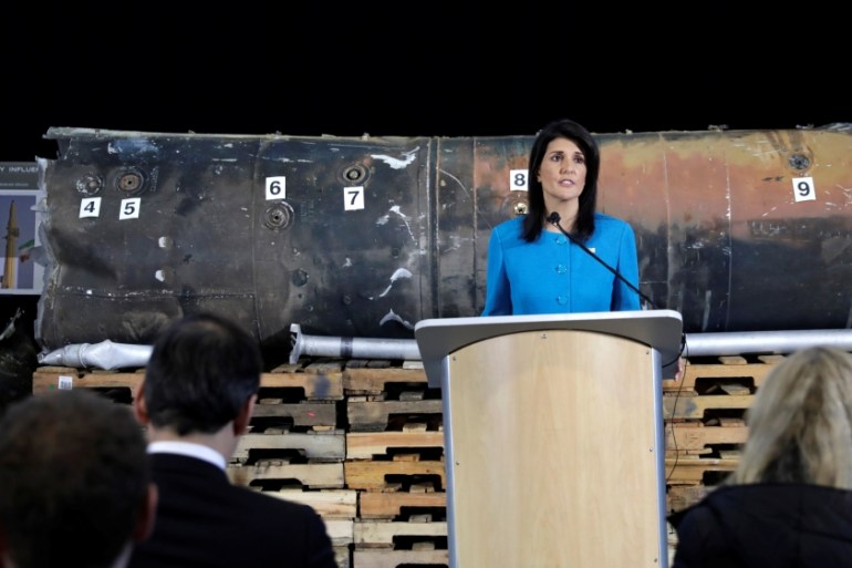 U.S. Ambassador to the United Nations Nikki Haley briefs the media in front of remains of Iranian "Qiam" ballistic missile in Washington