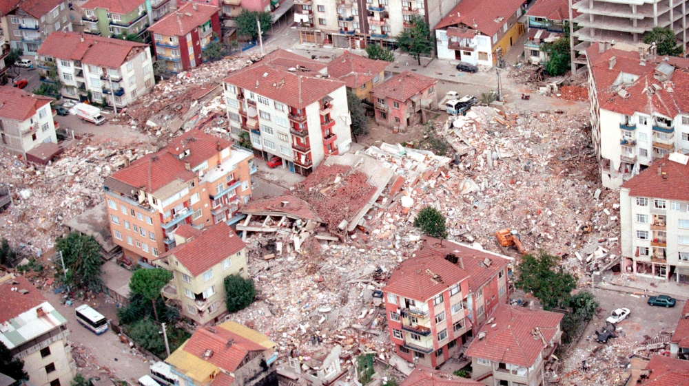 An aerial view of the damage caused by a powerful earthquake that struck Turkey's Izmit in August 1999 [File: US Navy/Getty Images]