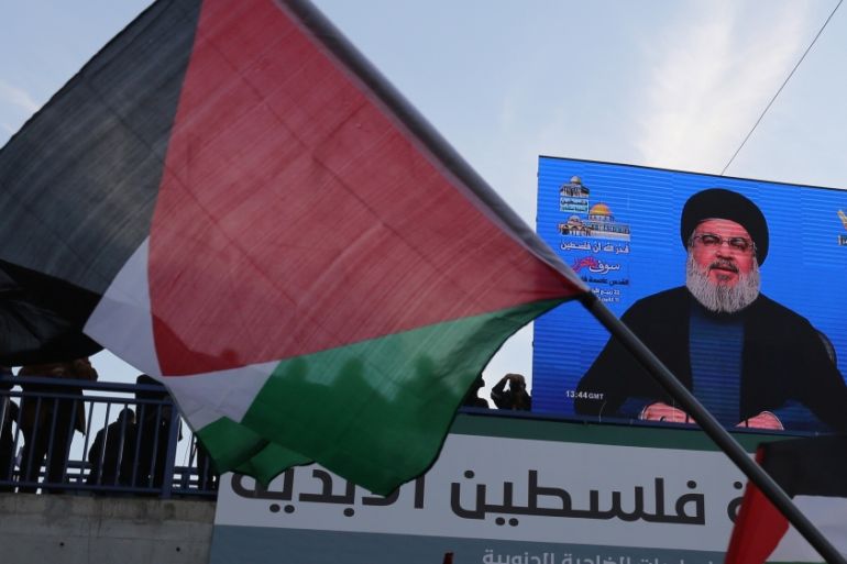 Lebanon''s Hezbollah leader Sayyed Hassan Nasrallah speaks via a screen during a protest in Beirut''s southern suburbs