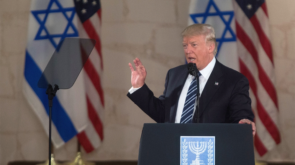 US President Donald Trump, talks on a podium at the Israel Museum in Jerusalem in May [Reuters]