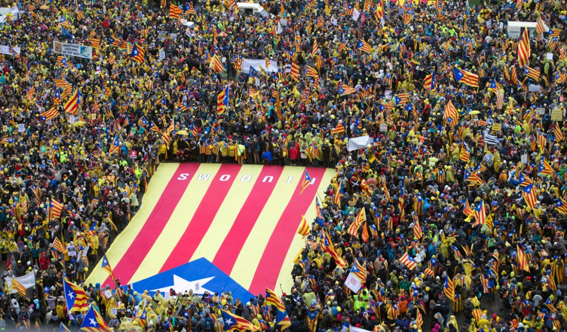 Pro-independence Catalan supporters gather to begin a demonstration near the EU quarter in Brussels. Thousands of Pro-Catalan supporters rallied in Brussels on Thursday, two weeks before Spanish regio