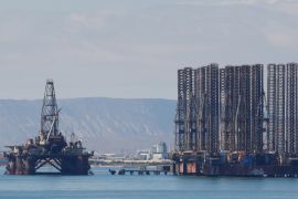 An offshore oil rig is seen in the Caspian Sea near Baku