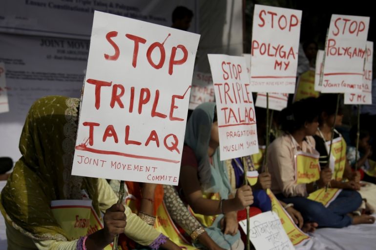 Activists of various social organisations hold placards during a protest against "Triple Talaq", a divorce practice prevalent among Muslims in New Delhi, India, Wednesday, May 10, 2017.