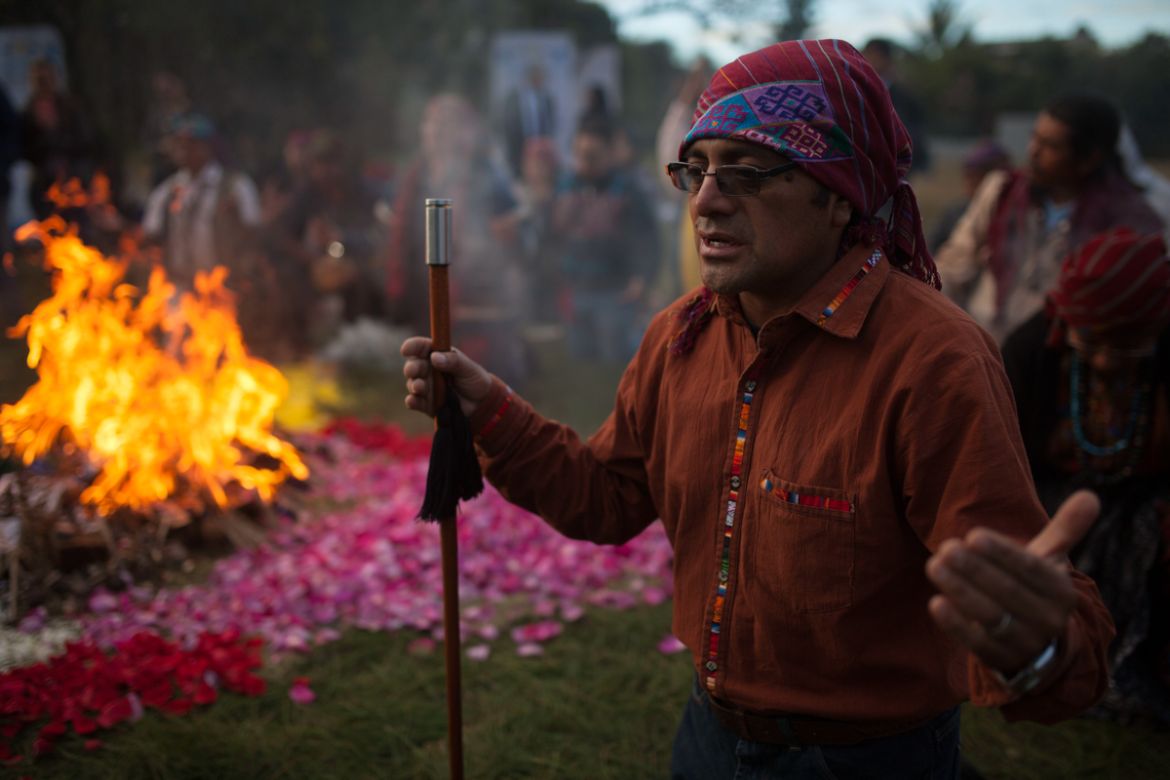 Mayan priests gather for a ceremony to mark the 21st anniversary of 1996 peace accords that ended Guatemala''s civil war, at the Kaminal Juyu archeological site in Guatemala City, Friday, Dec. 29, 2017