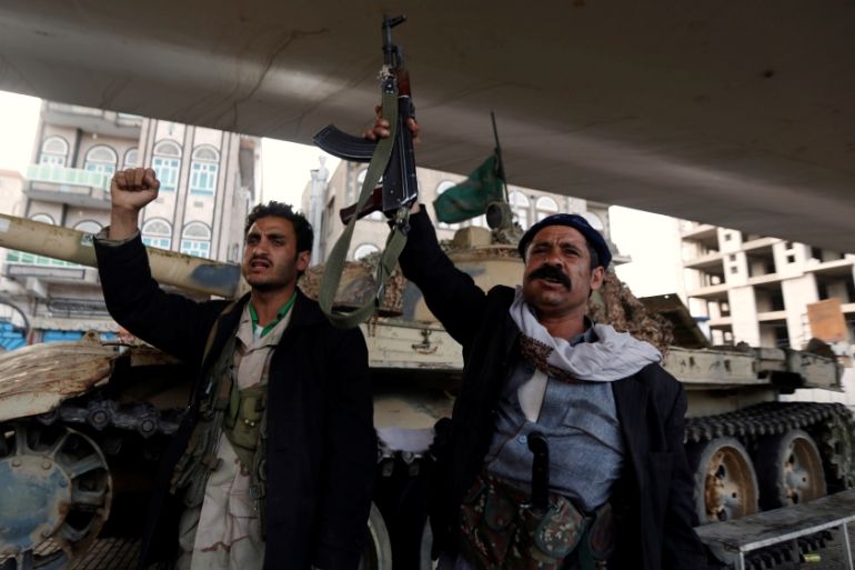 Houthi fighters react after Yemen''s former president Ali Abdullah Saleh was killed, in Sanaa