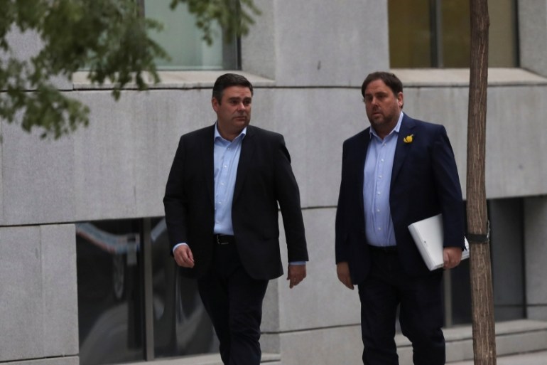 Dismissed Catalan vice president Oriol Junqueras arrives to Spain''s High Court after being summoned to testify on charges of rebellion, sedition and misuse of public funds in Madrid