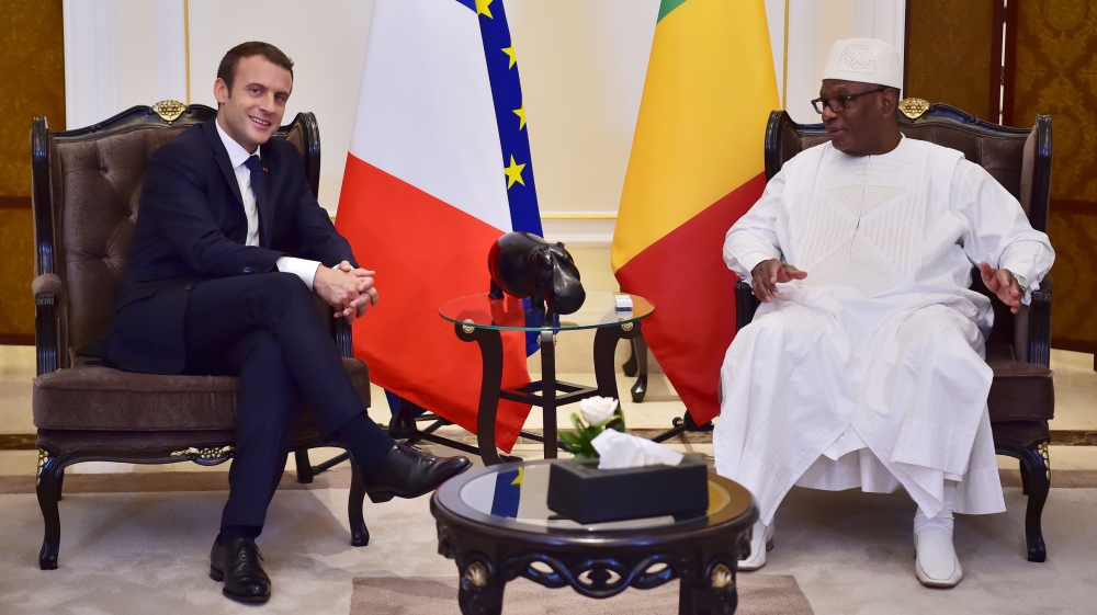 Macron met Malian President Ibrahim Boubacar Keita in July in Bamako [Christophe Archambault/Reuters]