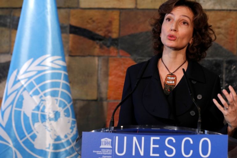 Newly elected Director-General of UNESCO Audrey Azoulay speaks at a news conference in Paris