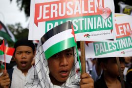 Protesters hold a rally outside the U.S. embassy in Jakarta, Indonesia, to condemn the U.S. decision to recognise Jerusalem as Israel''s capital