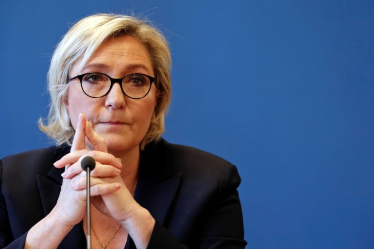 Marine Le Pen, head of France''s far-right National Front (FN) political party, speaks during a news conference at the party headquarters in Nanterre near Paris
