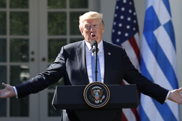 U.S. President Trump speaks as he holds a joint press conference with Greek Prime Minister Tsipras at the White House in Washington