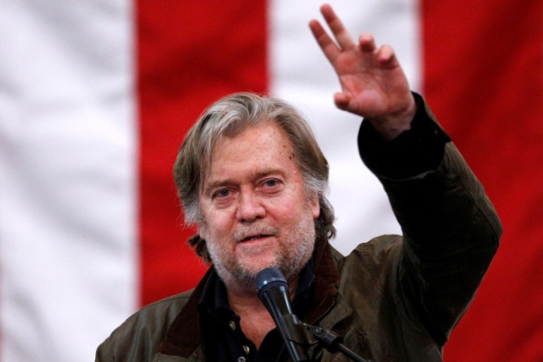ormer White House Chief Strategist Steve Bannon speaks during a campaign rally for Republican candidate for U.S. Senate Judge Roy Moore in Midland City