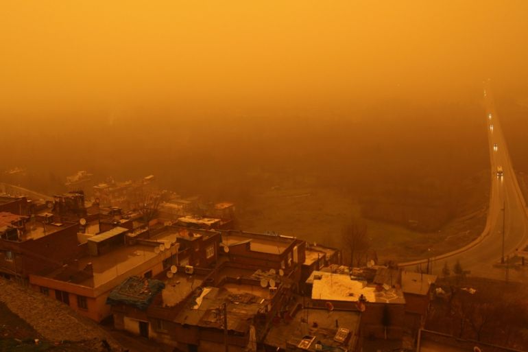 Diyarbakir city during a sandstorm on January 19, 2018