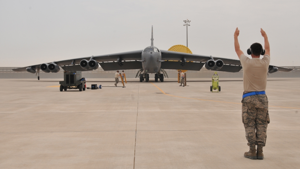 A US Air Force B-52 bomber arrives at Al Udeid Air Base, Qatar [Reuters]