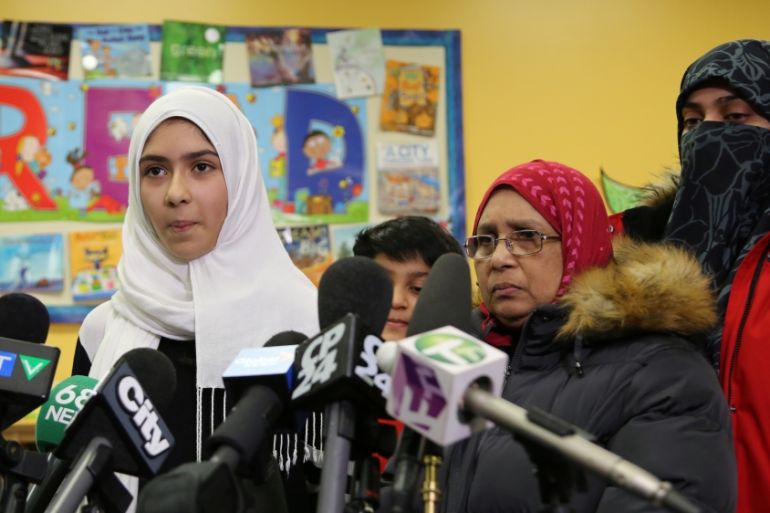 Khawlah Noman speaks to reporters at Pauline Johnson Junior Public School in Toronto