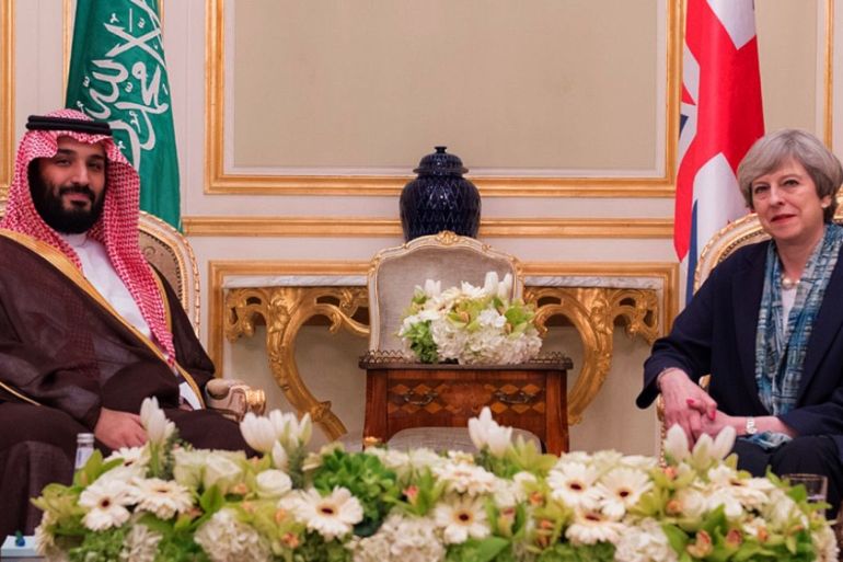 Saudi Defense Minister and Deputy Crown Prince Mohammed bin Salman, left, receives British Prime Minister Theresa May, in Riyadh, Saudi Arabia, Wednesday, April 5