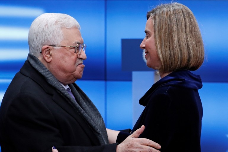 European High Representative for Foreign Affairs Federica Mogherini welcomes Palestinian President Mahmoud Abbas in Brussels