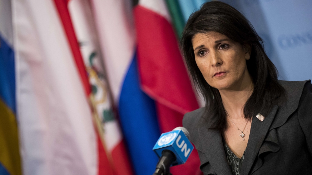 Nikki Haley, the US envoy to the UN, spoke to reporters about the Iran protests [AFP]