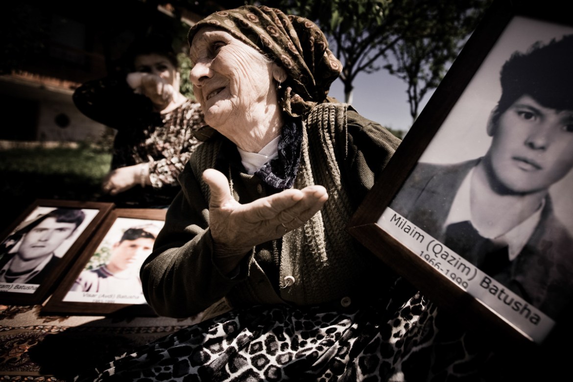 The women of this family shows photographs of their husbands and sons kidnapped and killed by Serbs. Some of them have been identified of the mass grave near Kursha e Vogel, near Prizren.