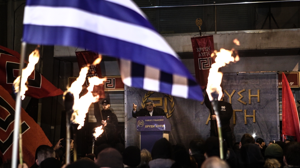 Golden Dawn leader Nikolaos Michaloliakos accused the government of national betrayal [Nick Paleologos/SOOC/Al Jazeera] 