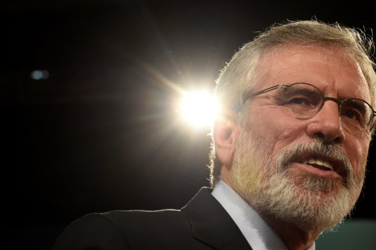 Sinn Fein President Gerry Adams delivers a speech at his party''s annual conference in Dublin
