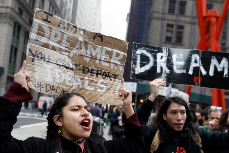 Activists and DACA recipients march up Broadway during the start of their ''Walk to Stay Home,'' a five-day 250-mile walk from New York to Washington D.C., to demand that Congress pass a Clean Dream Act