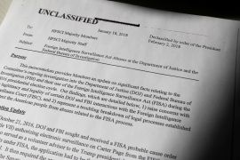 The top secret classified memo written by House Intelligence Committee Republican staff was declassified for release by US President Donald Trump on 2 February 2018 [Jim Bourg/Reuters]
