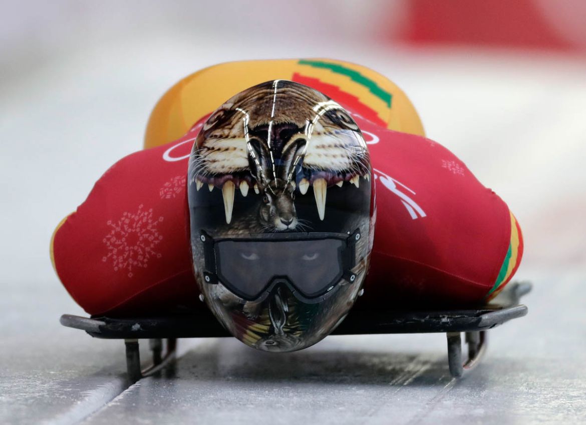 Akwasi Frimpong of Ghana starts his practice run during the men''s skeleton training at the 2018 Winter Olympics in Pyeongchang, South Korea, Wednesday, Feb. 14, 2018. (AP Photo/Wong Maye-E)