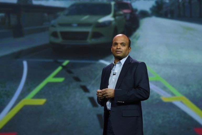 Ford Motor Co. Group Vice President and Chief Technical Officer, Global Product Development Raj Nair speaks during a keynote address by President and CEO of Ford Motor Co. Mark Fields at the 2015 Inte