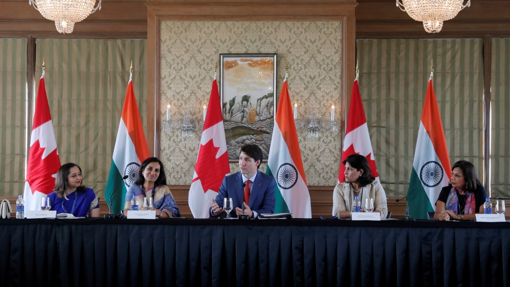 The Canadian prime minister speaks during women business leaders' roundtable in Mumbai [Danish Siddiqui/Reuters]