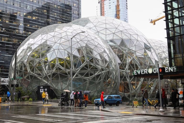 The Amazon Spheres are seen from 6th Avenue at Amazon''s Seattle headquarters in Seattle, Washington, U.S., January 29, 2018. REUTERS/Lindsey Wasson