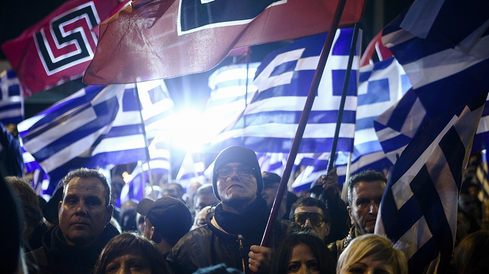 Supporters of the Golden Dawn rally in Greece on February 3, 2018 [Nick Paleologos/SOOC/Al Jazeera]