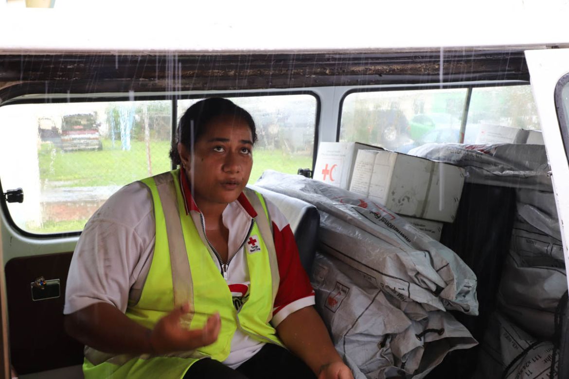 Tongan Red Cross staff and volunteers have supplied hundreds of tarps, tents, kitchen sets, and lanterns to people affected by Tropical Cyclone Gita, often dealing with heavy showers or blazing sunshi