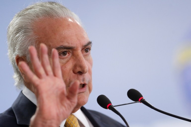 Brazil''s President Michel Temer speaks after announcing the decree of the army to take over command of police forces in Rio de Janeiro state, at Planalto Palace in Brasilia