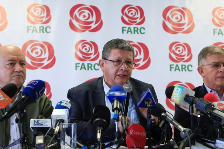 Pablo Catatumbo, member of the FARC political party, speaks during a news conference in Bogota
