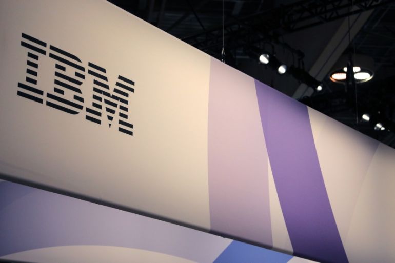 The logo for IBM is seen at the SIBOS banking and financial conference in Toronto