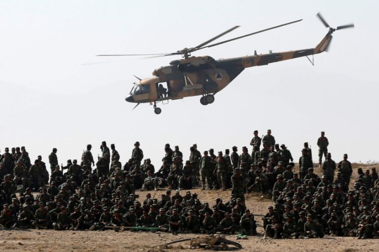 Afghan National Army (ANA) officers take part in a training exercise at the Kabul Military Training Centre (KMTC) in Kabul, Afghanistan